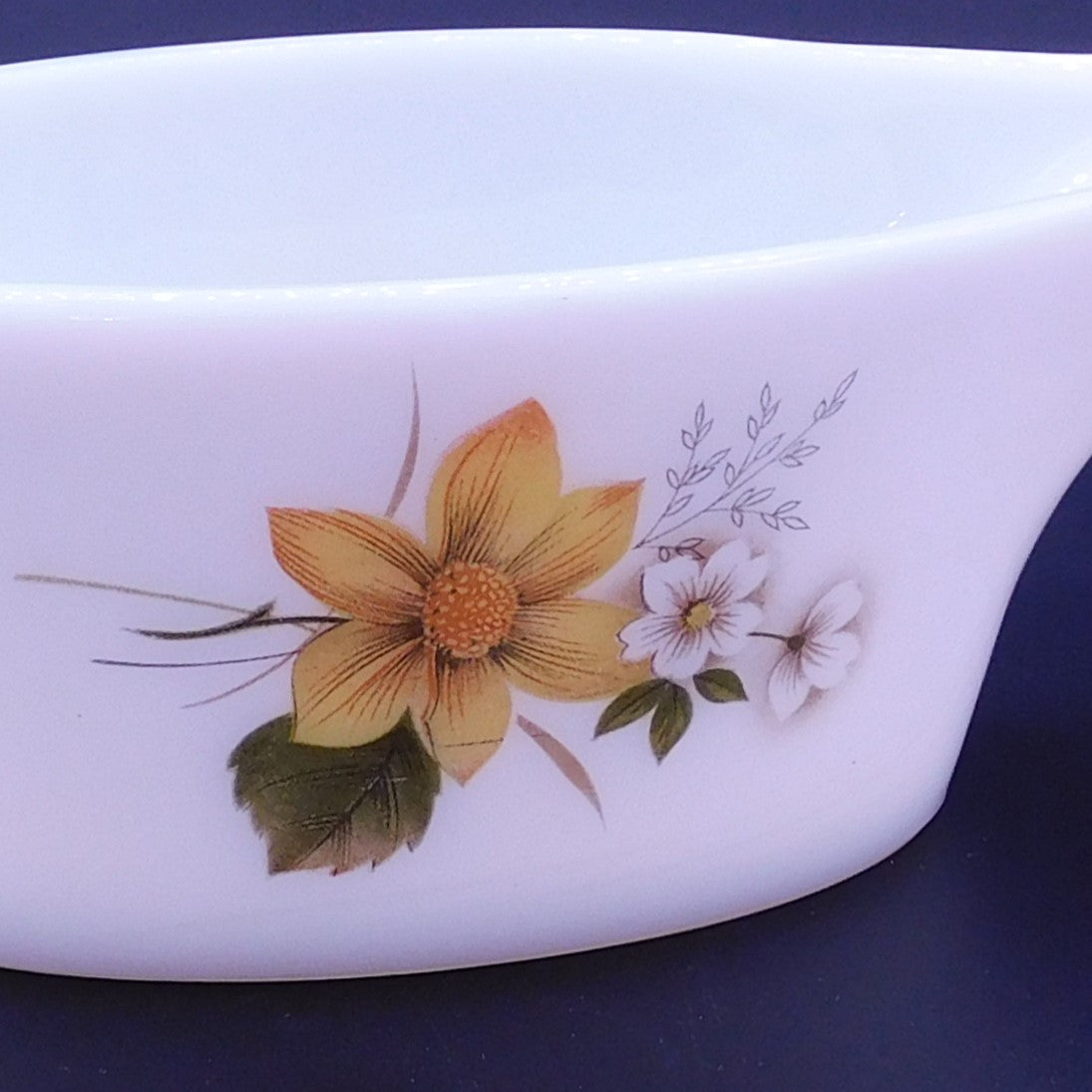 Vintage Milk Glass Gravy Boat, Yellow and White Floral Pattern, JAJ Made in England (7017) FREE SHIPPING!!