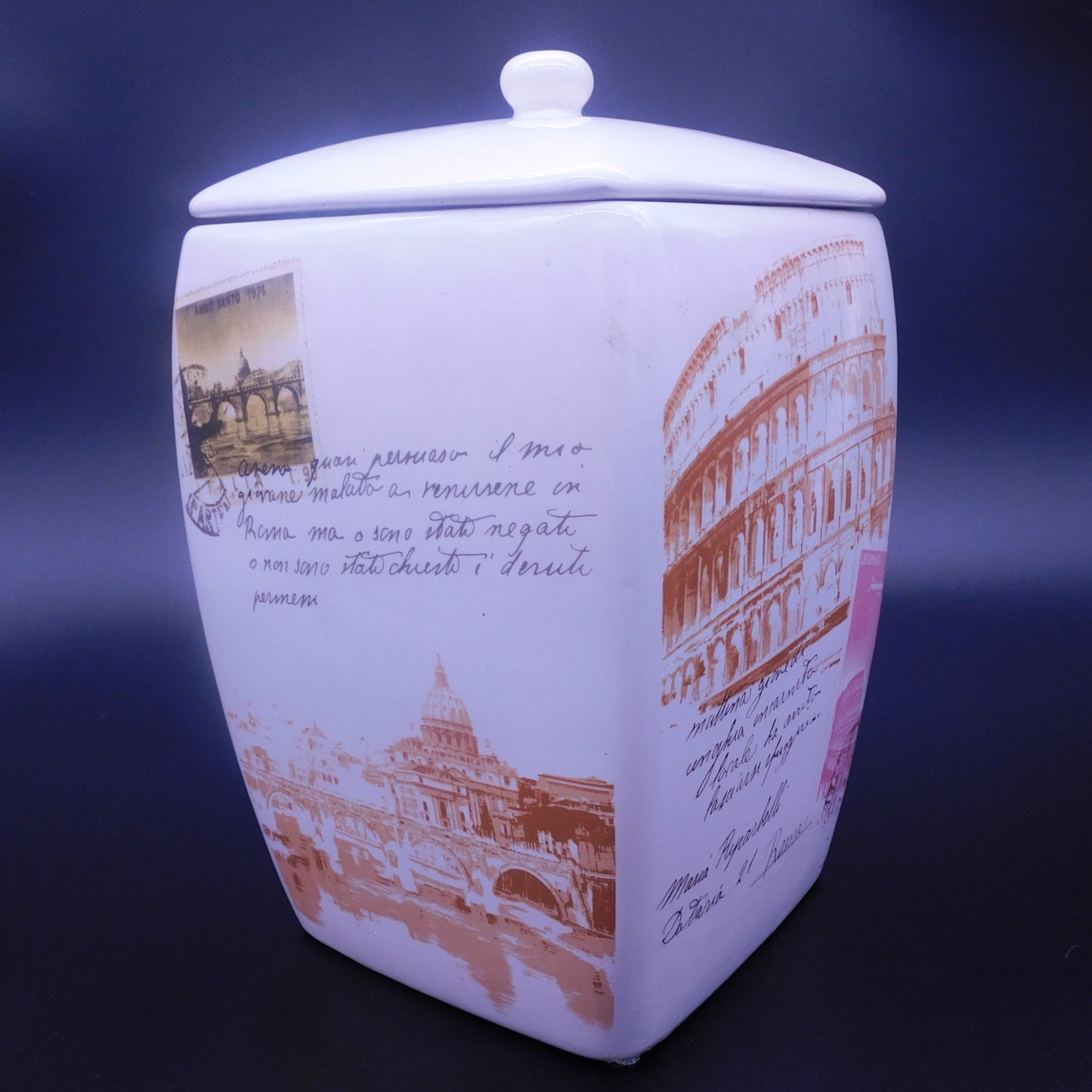 Elegant Ceramic Cookie Jar - Authentic Italian Motif, Made for Nonni's, Stunning Design - 10 Tall with Lid, Rectangle Shape (7048) Free Shipping