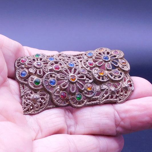 Vintage Art Deco Filigree Multi Color Rhinestone Rectangle Brooch - Brass Tone Jewelry (7130md) FREE SHIPPING!!