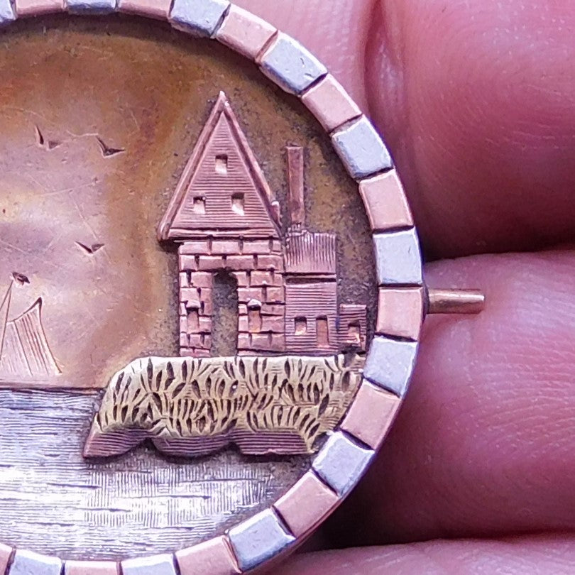 Vintage Round Locket with House on the Water Scene - Charming and Weathered (7133md) FREE SHIPPING!!