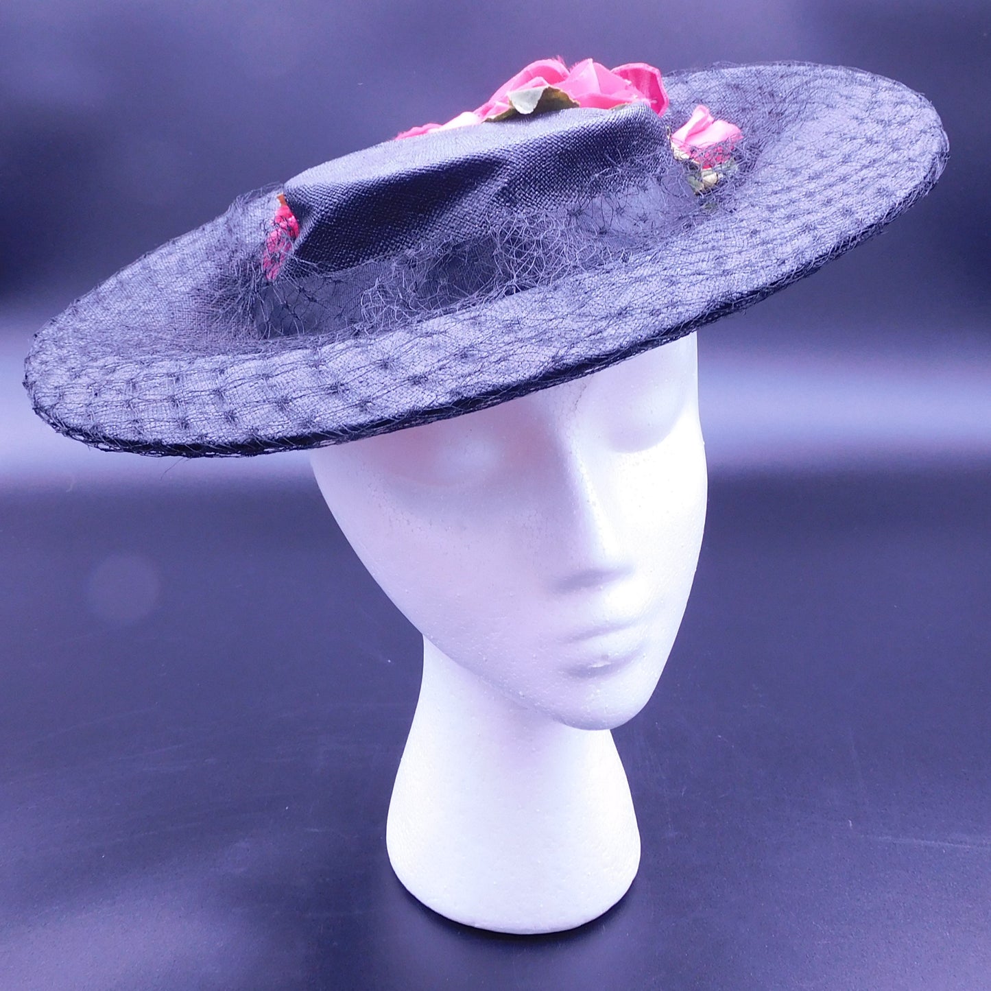 Vintage 1940's Wide Brim Ladies Hat with Pink Flowers and Netting (7135H) FREE SHIPPING!!