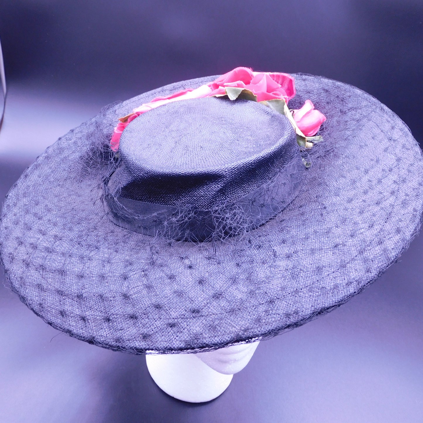 Vintage 1940's Wide Brim Ladies Hat with Pink Flowers and Netting (7135H) FREE SHIPPING!!