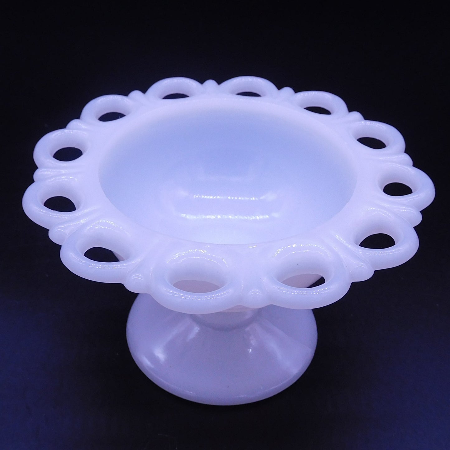 Vintage Charm: Exquisite Milk Glass Pedestal Candy Dish with Intricate Design  (7181)