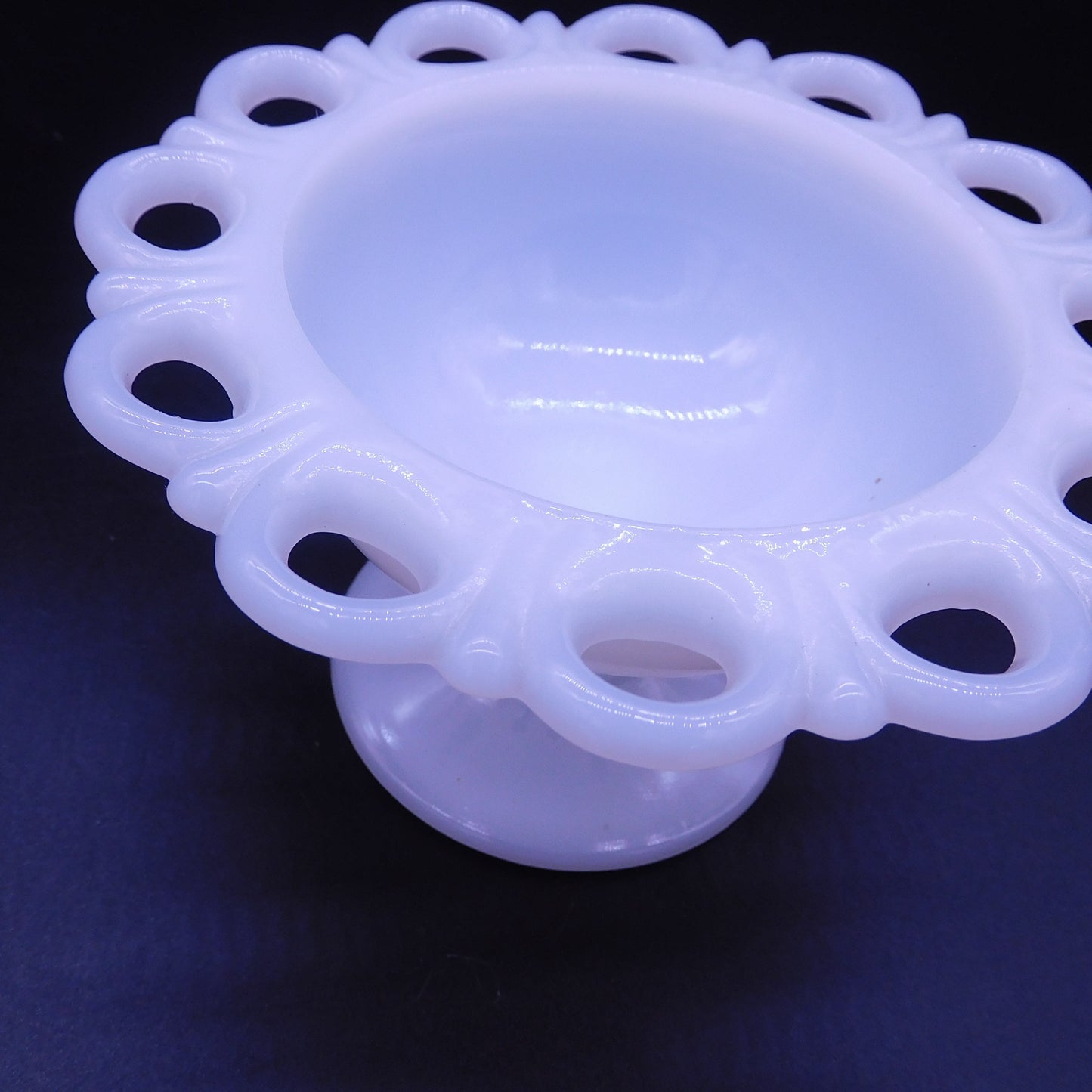 Vintage Charm: Exquisite Milk Glass Pedestal Candy Dish with Intricate Design  (7181)