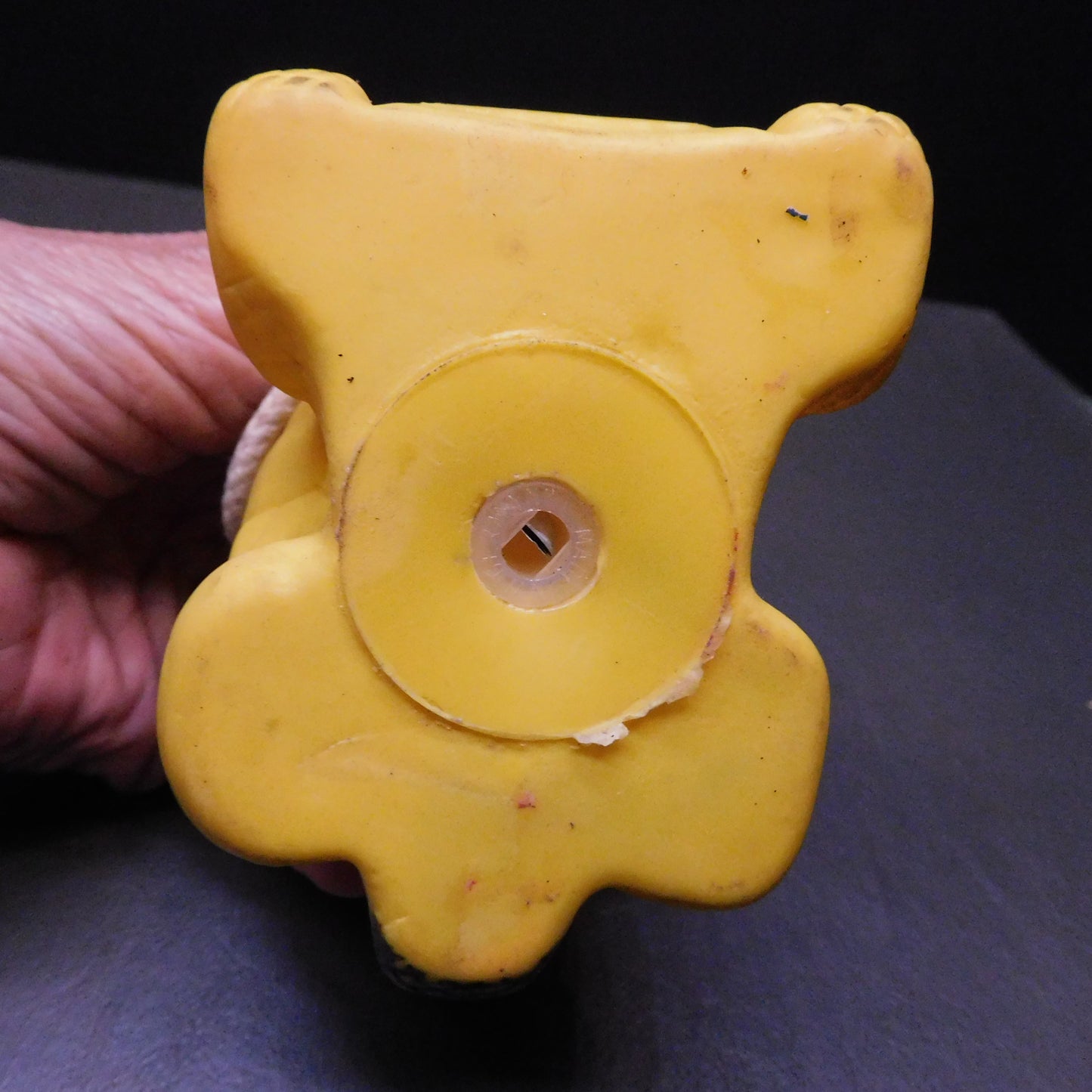 Vintage Yellow Plastic Bear ona Trike, Hat Comes Off with a Hole in Bear to Hold Something 7385