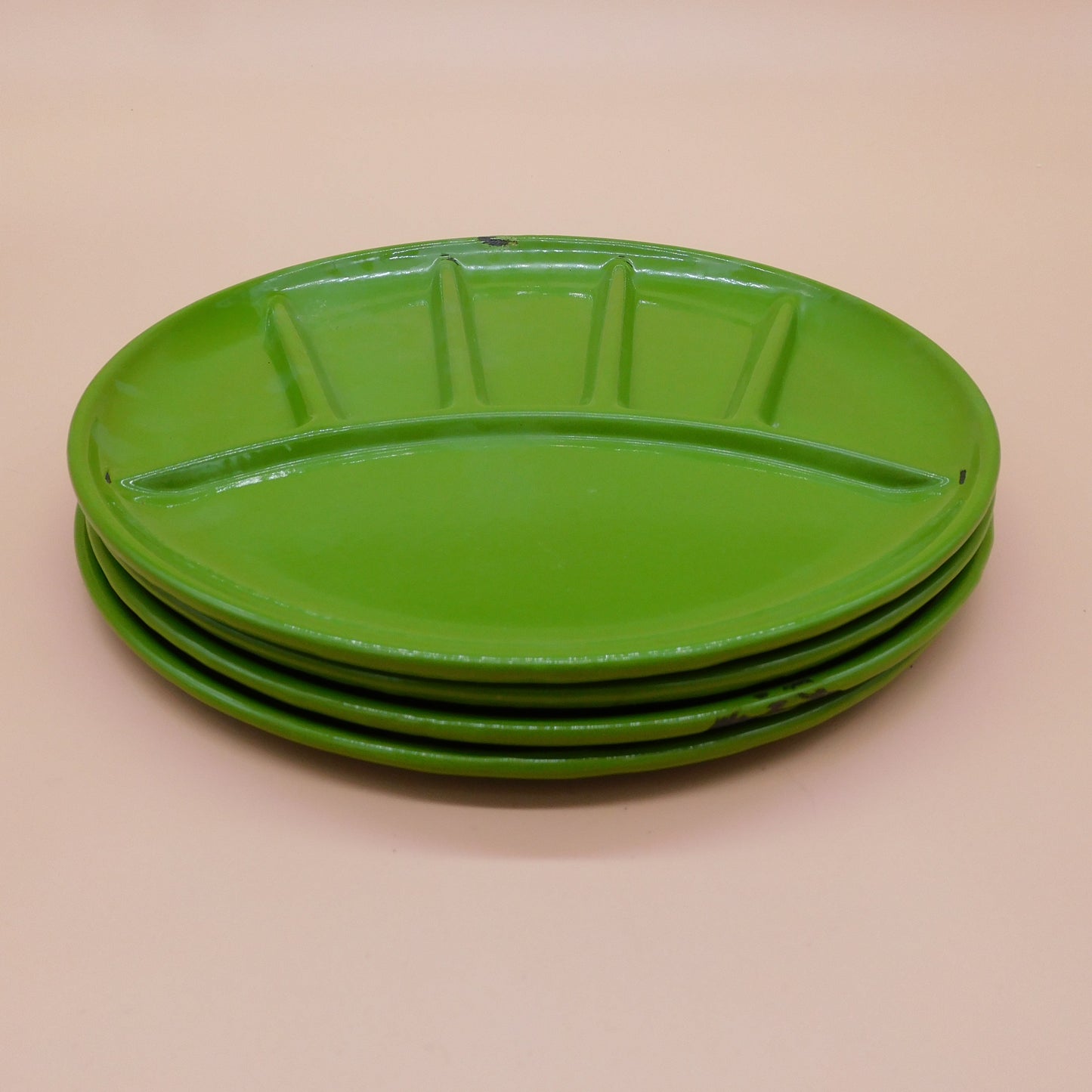 Vintage Green Enamel Divided Plates Lot of 4, (6823) FREE SHIPPING!!!