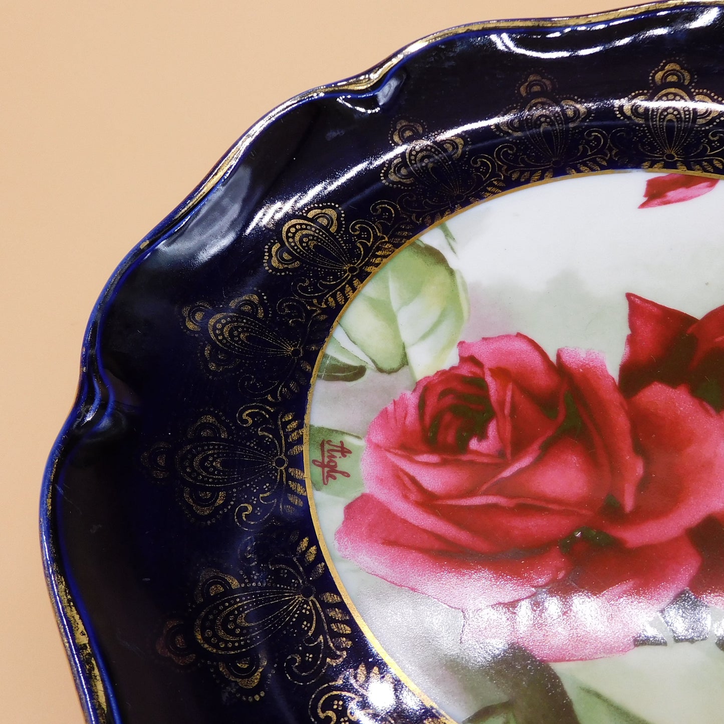 Vintage Cobalt Blue with Red Roses Rosen Thale Bavarian Plate (6835) FREE SHIPPING!!