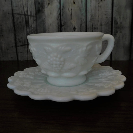 Vintage Teacup and Saucer, Westmoreland Milk Glass, Grape Vine Pattern  (M322) FREE SHIPPING!!