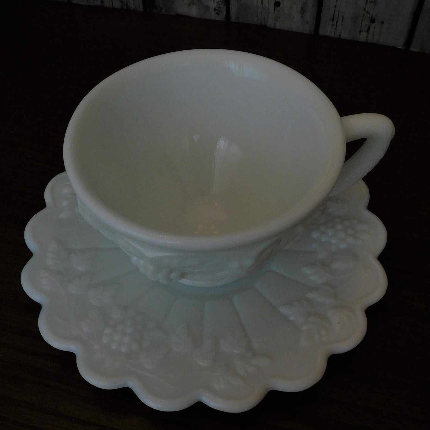 Vintage Teacup and Saucer, Westmoreland Milk Glass, Grape Vine Pattern  (M322) FREE SHIPPING!!