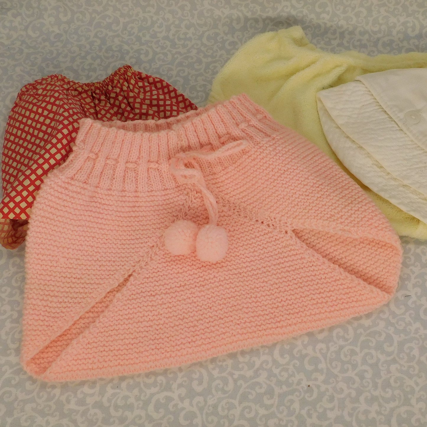 Vintage Baby Set Of Clothes, Pink Pants, Yellow Pants, White Hat and Doll Skirt (V57g) FREE SHIPPING!!