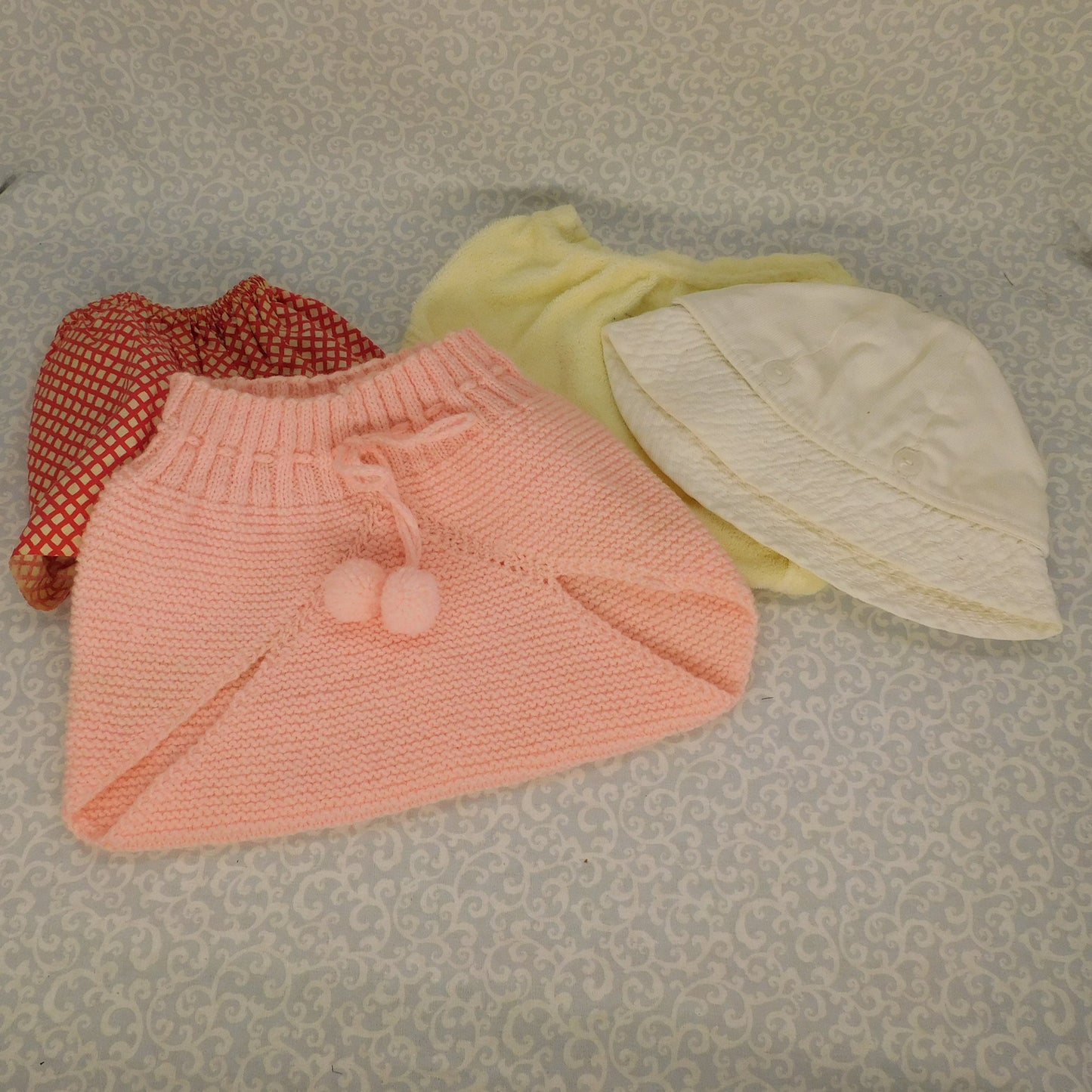 Vintage Baby Set Of Clothes, Pink Pants, Yellow Pants, White Hat and Doll Skirt (V57g) FREE SHIPPING!!